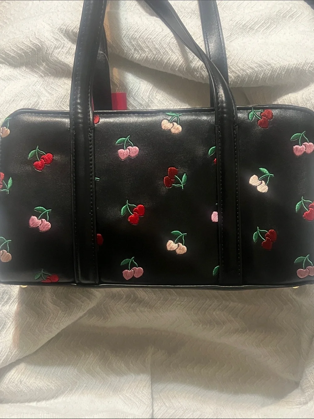 Betsey Johnson Black Shoulder Bag with Red Heart Charm & Cherry Embroidery